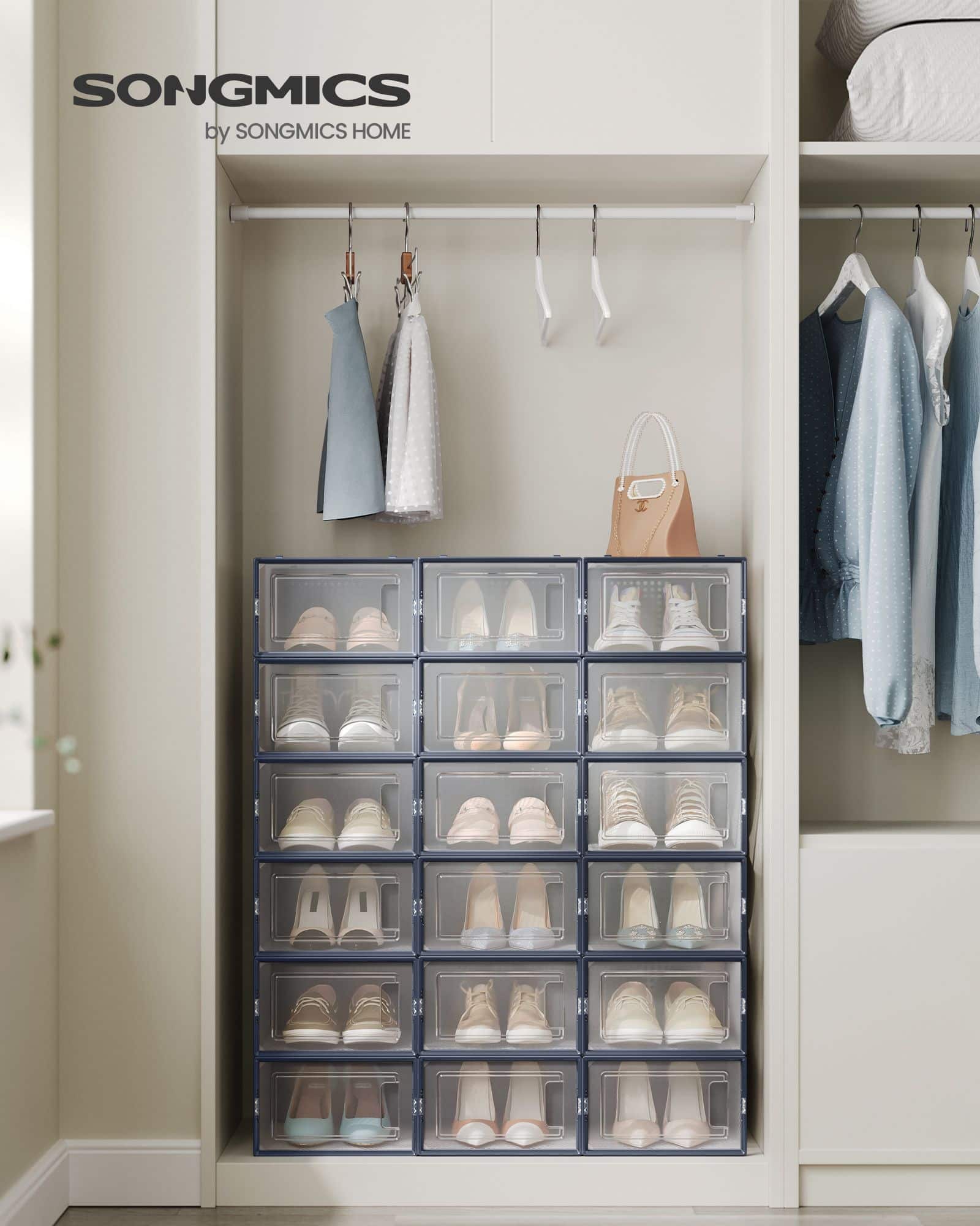 Schuhboxen 18er Set faltbar und stapelbar transparent-anthrazitblau