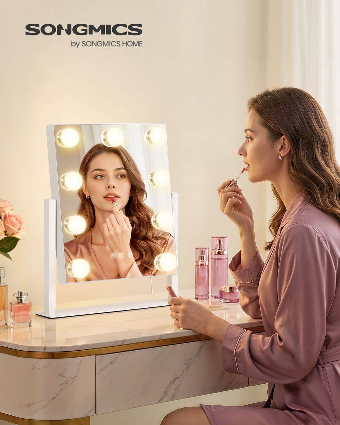 Schminkspiegel mit Beleuchtung und 9 LED-Glühbirnen mattweiß