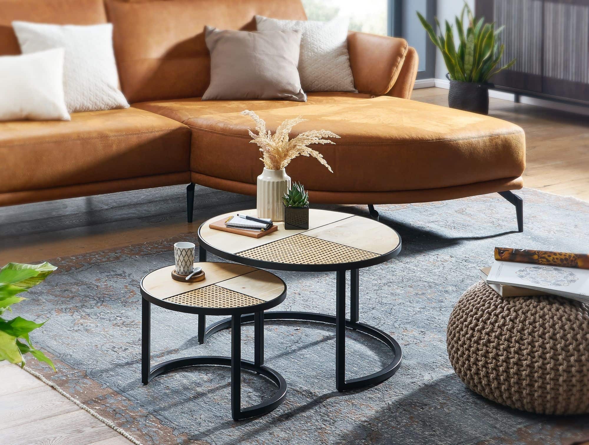 57562-WOHNLING-Couchtisch-2er-Set-Metall-WL6-312-WL6-312_1 Design Wohnzimmertisch 2er Set Mango / Rattan Beistelltisch Rund