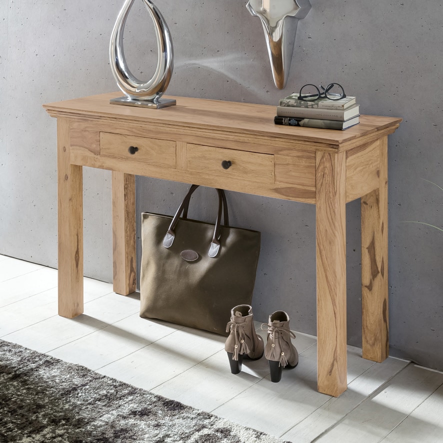 Konsolentisch MUMBAI Massivholz Akazie Konsole mit 2 Schubladen Schreibtisch 110 x 40 cm Landhaus-Stil Sideboard Konsolentisch MUMBAI Massivholz Akazie Konsole mit 2 Schubladen Schreibtisch 110 x 40 cm Landhaus-Stil Sideboard