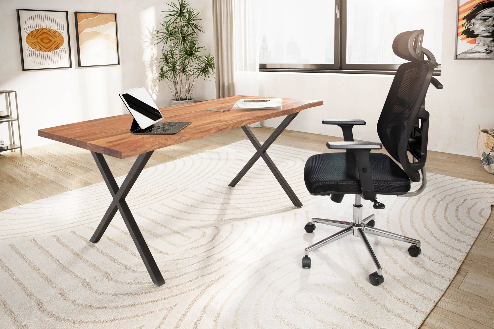 Schreibtisch 120x60x76 cm Akazie Massivholz / Metall Computertisch Baumkante Schreibtisch 120x60x76 cm Akazie Massivholz / Metall Computertisch Baumkante