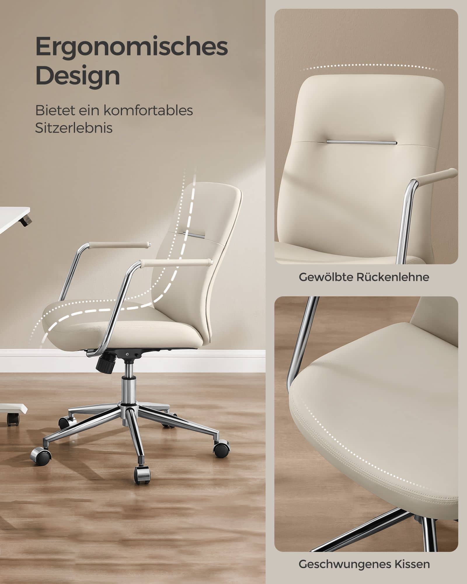 Bürostuhl mit Rückenlehnen und gebogenem Sitz cappuccinobeige