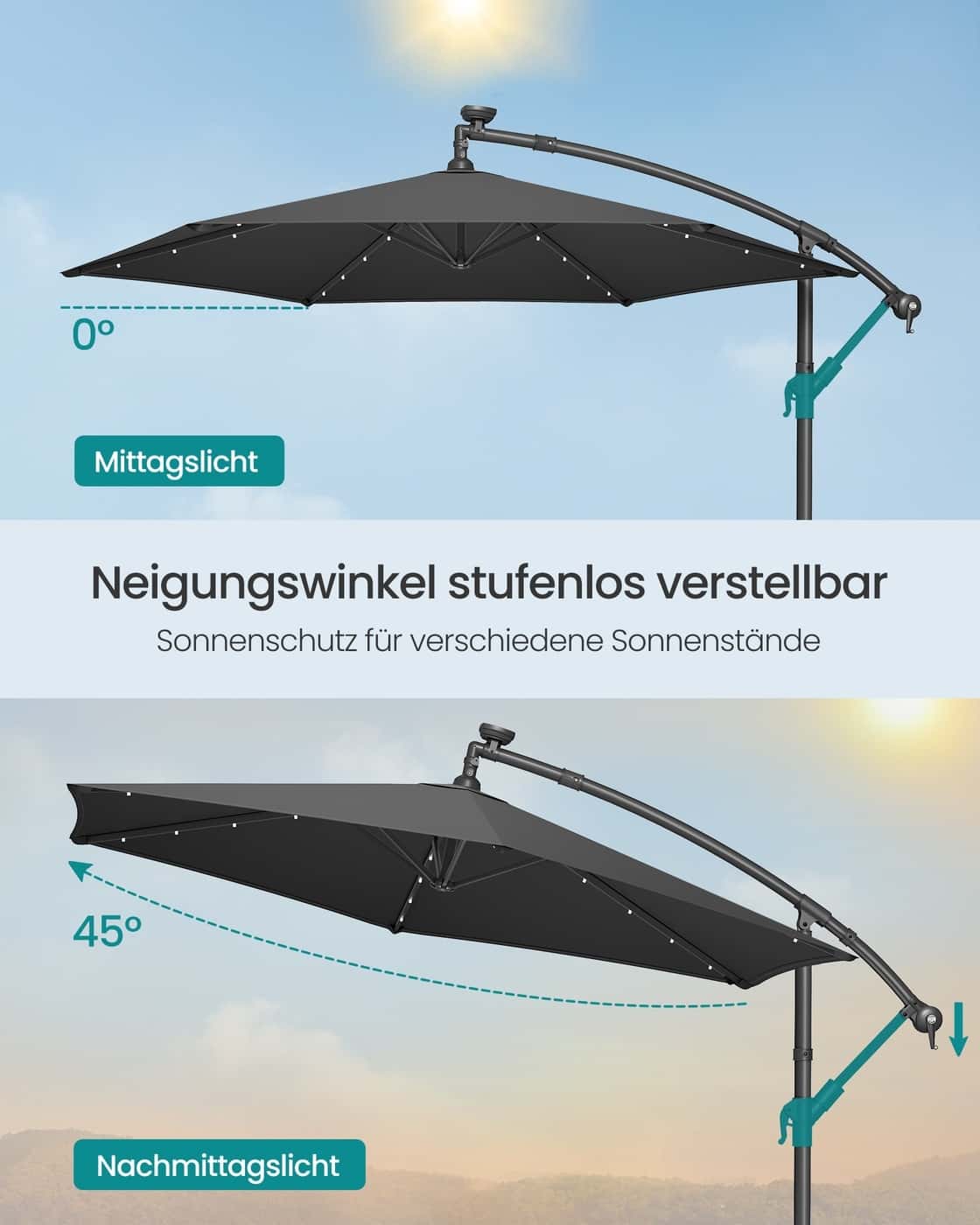 Sonnenschirm mit LED-Solar-Beleuchtung und Ständer Sonnenschirm mit LED-Solar-Beleuchtung und Ständer
