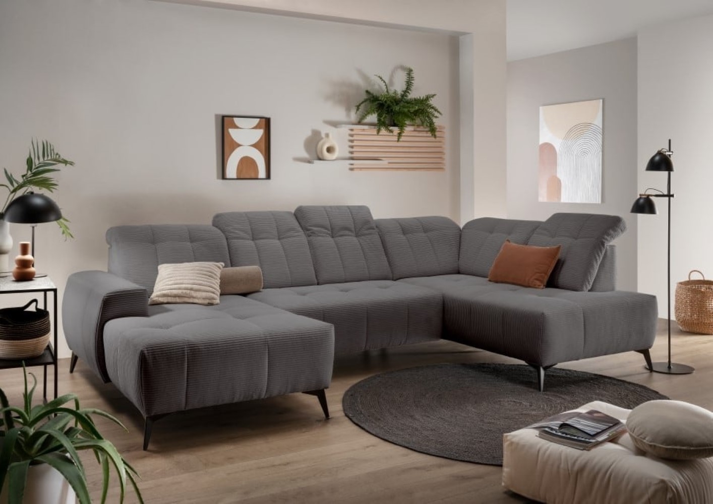 Cord Wohnlandschaft grau mit Elektrofunktion: Sano Cord Wohnlandschaft grau mit Elektrofunktion: Sano