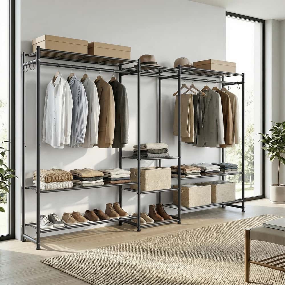 Garderobenständer mit Metallrahmen, offener Kleiderschrank, 10 Ablagen Garderobenständer mit Metallrahmen, offener Kleiderschrank, 10 Ablagen