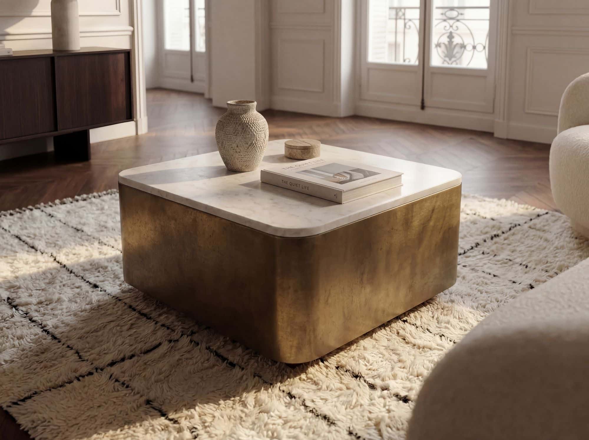 Couchtisch Metall mit weißer Marmor Tischplatte 60cm quadratisch - Moderner Wohnzimmertisch - Design Sofatisch - Loungetisch Kubus - Edler Beistelltisch Handmade