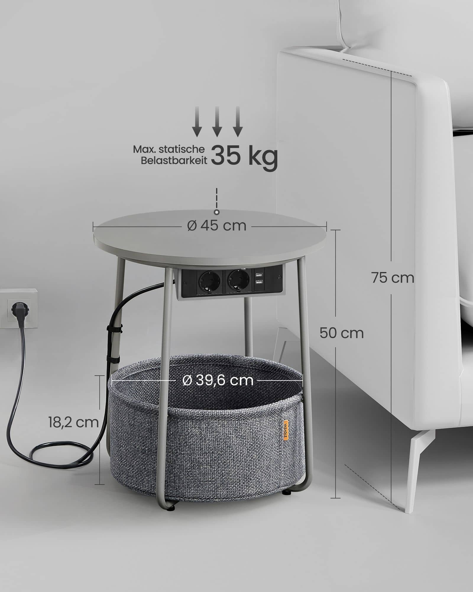 Beistelltisch mit Ladestation und Steckdose taubengrau-schiefergrau Beistelltisch mit Ladestation und Steckdose taubengrau-schiefergrau