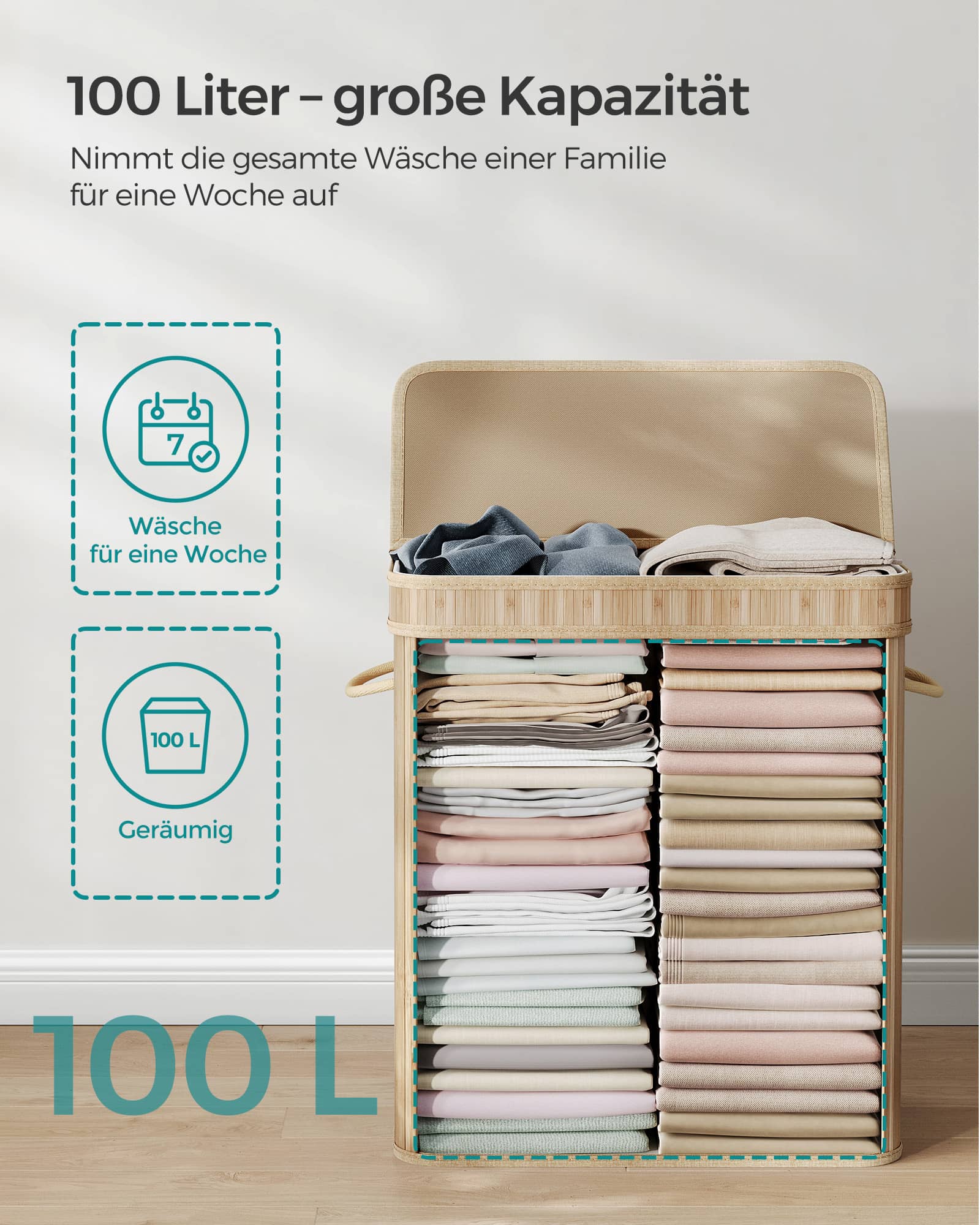 Wäschekorb 100 Liter aus Bambus mit Deckel und Griffen naturfarben Wäschekorb 100 Liter aus Bambus mit Deckel und Griffen naturfarben