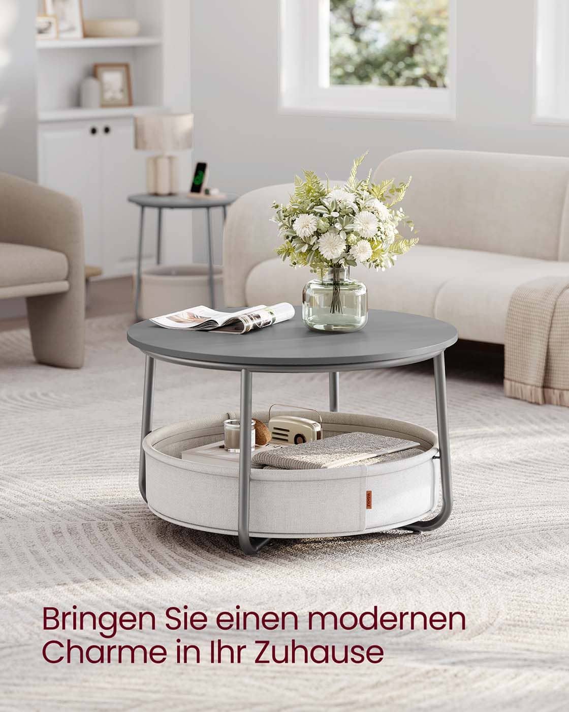 Couchtisch rund mit Korb aus Stoff zementgrau-cremeweiß Couchtisch rund mit Korb aus Stoff zementgrau-cremeweiß