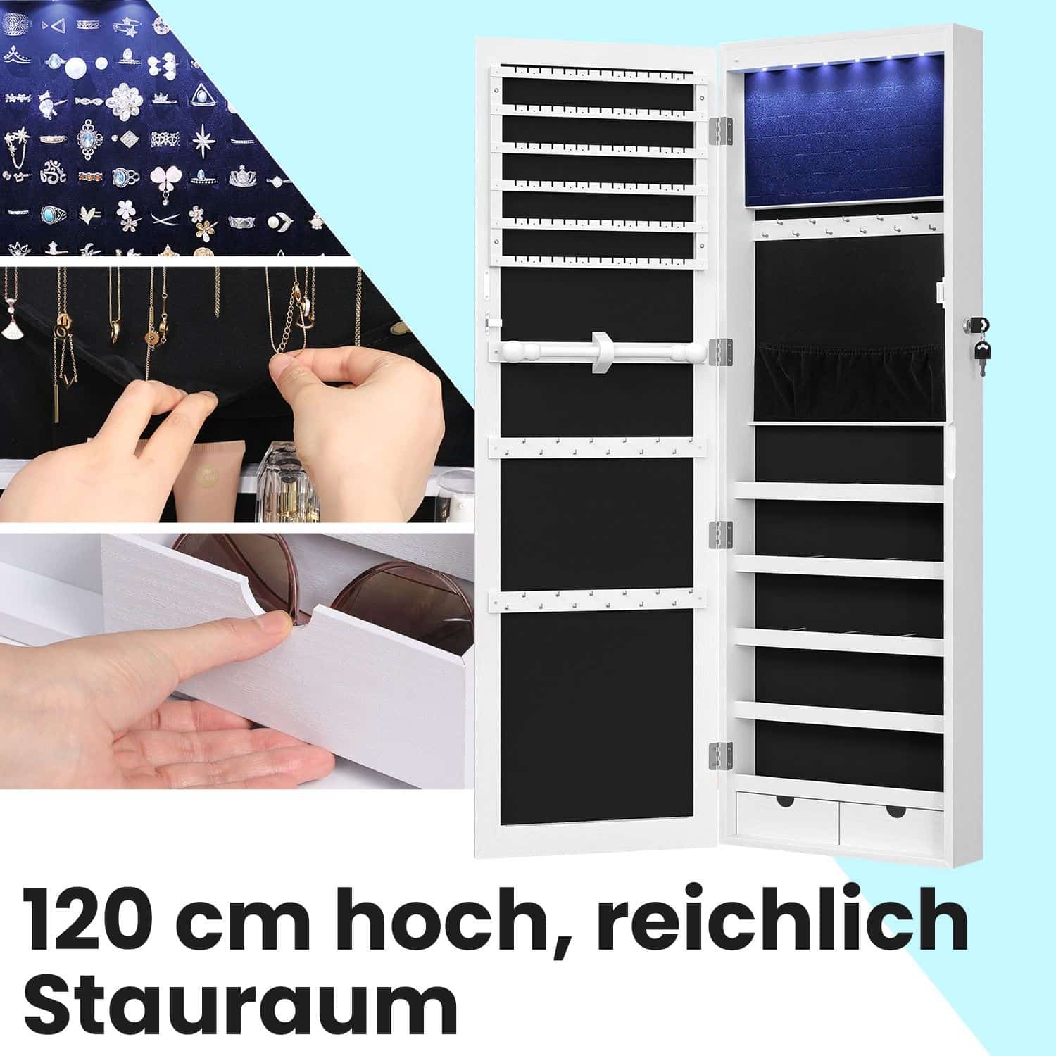 Schmuckschrank hängend, Wandspiegel, 6 LED-Glühbirnen Schmuckschrank hängend, Wandspiegel, 6 LED-Glühbirnen