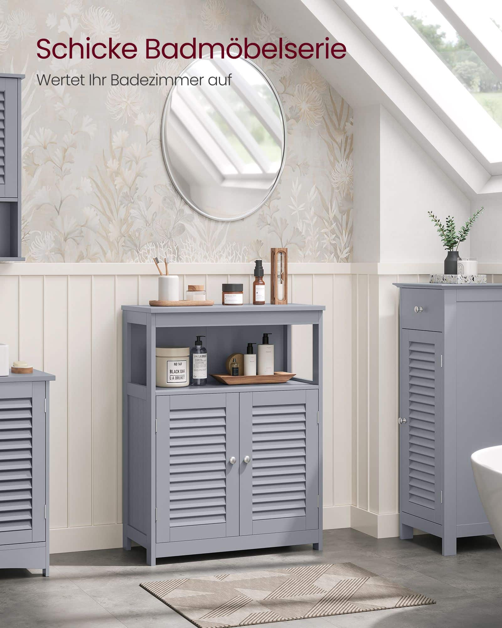 Badezimmerschrank mit offenem Fach und 2 Türen Badezimmerschrank mit offenem Fach und 2 Türen
