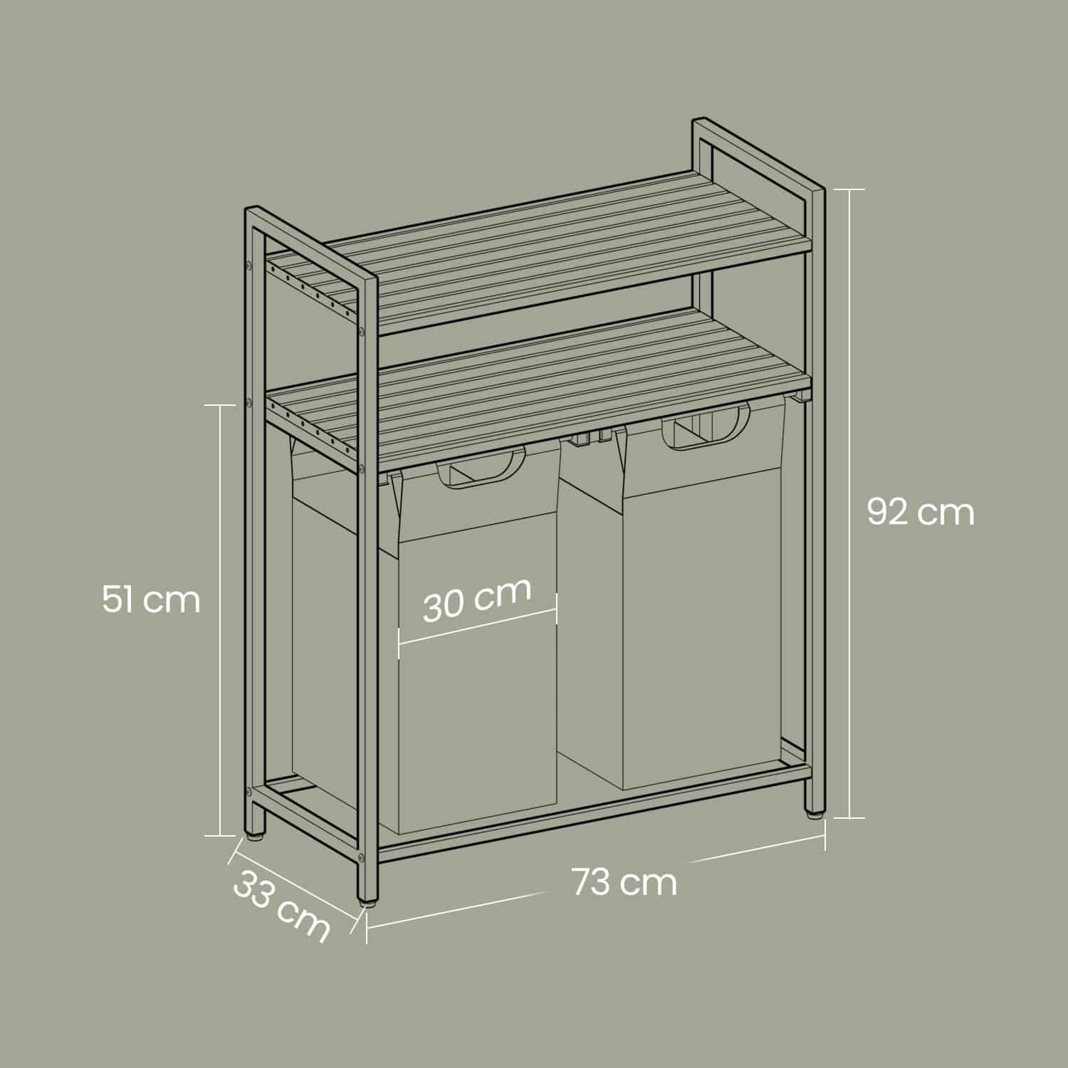 Wäschekorb 2 Fächer, Wäschesammler mit 2 Ablagen, Wäschesack ausziehbar und abnehmbar