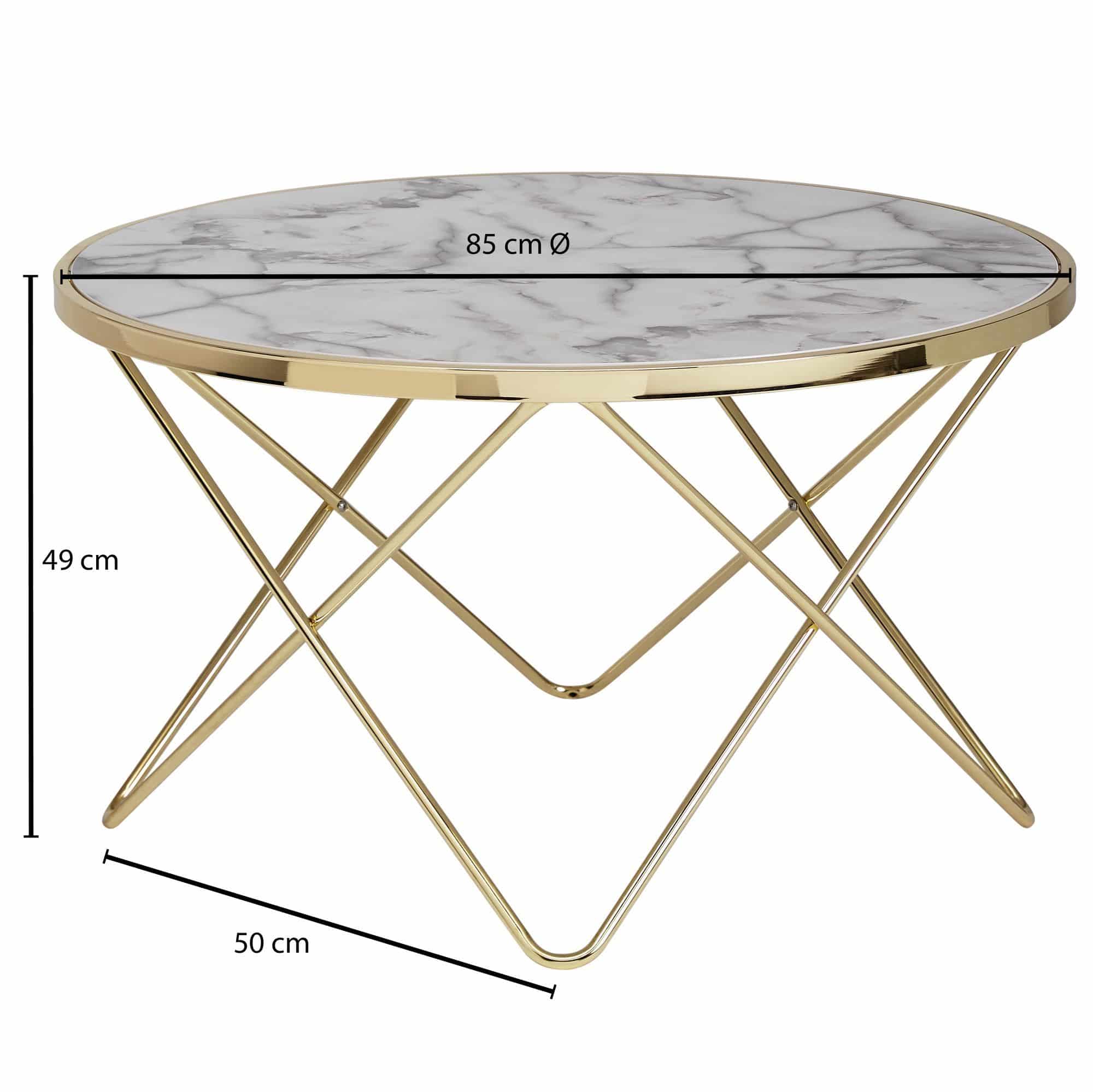 Design Couchtisch Marmor Optik Weiß Rund Ø 85 cm Gold Metall-Gestell