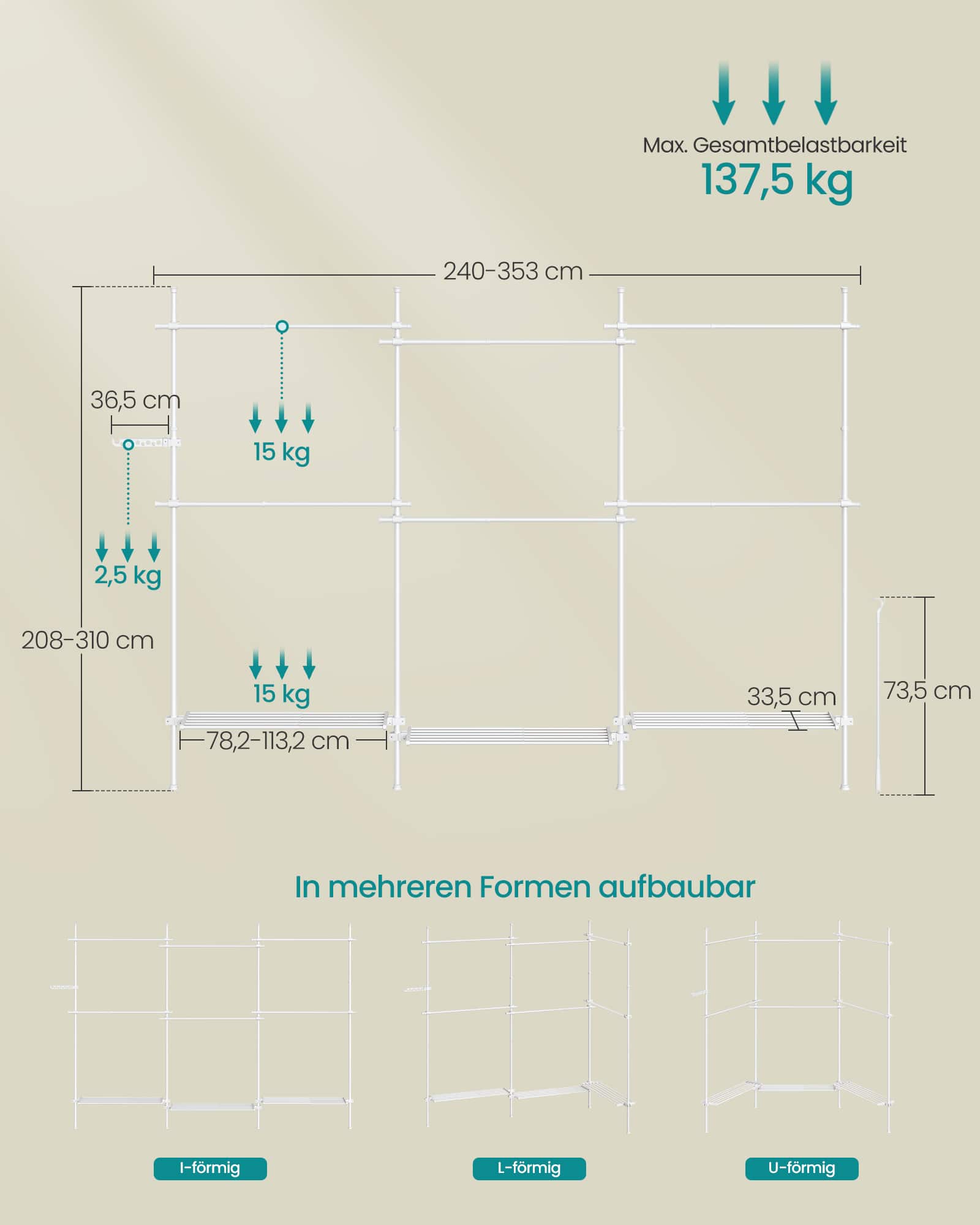 Kleiderständer deckenhoch 33,5 x (240-353) x (208-310) cm Kleiderständer deckenhoch 33,5 x (240-353) x (208-310) cm
