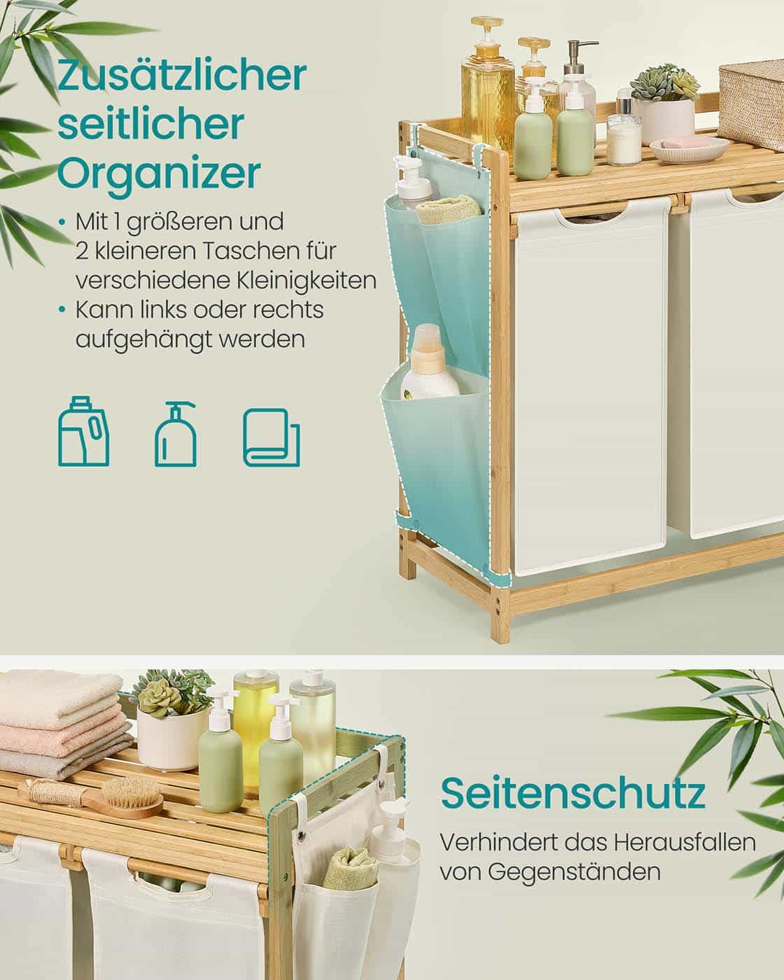 Wäschekorb 3 Fächer 3 x 50 L 94 x 33 x 78 cm cremeweiß Wäschekorb 3 Fächer 3 x 50 L 94 x 33 x 78 cm cremeweiß