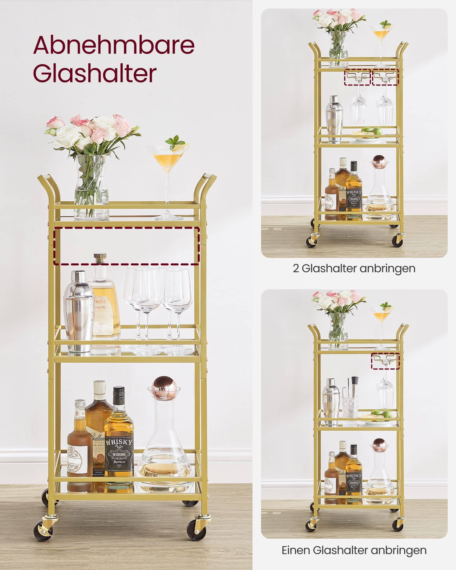 Servierwagen 3 Ebenen mit Rollen goldfarben Servierwagen 3 Ebenen mit Rollen goldfarben