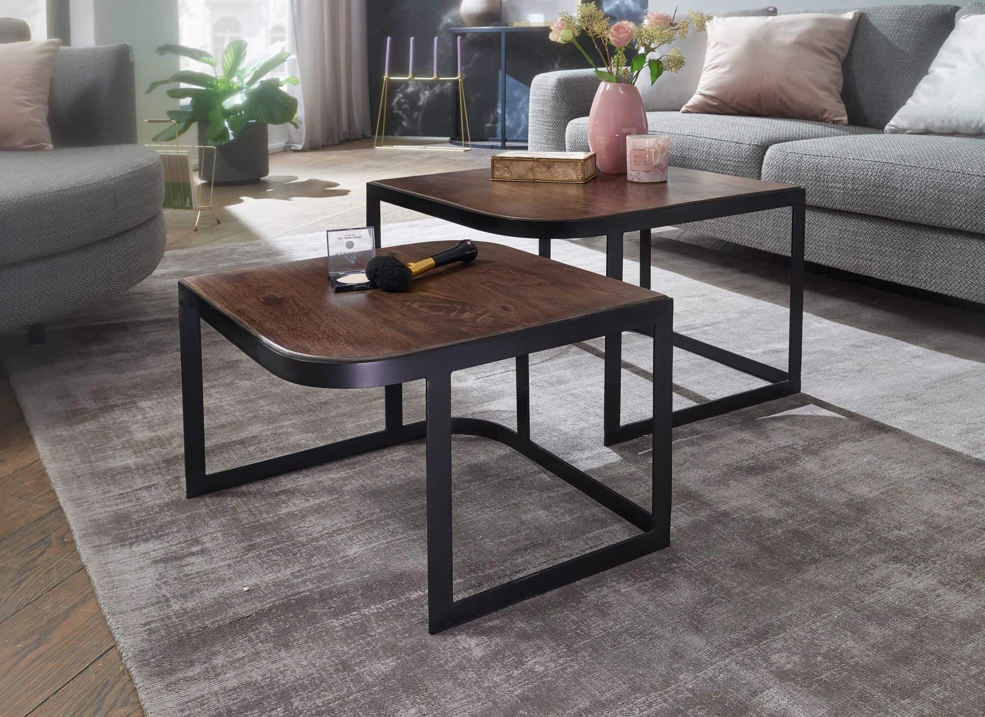 58425-WOHNLING-Beistelltisch-2er-Set-Mango-Dunkel-WL6-341-WL6-341 Couchtisch-Set Mango 2er Dunkel – Massivholz & Metall Ø 60/50 cm