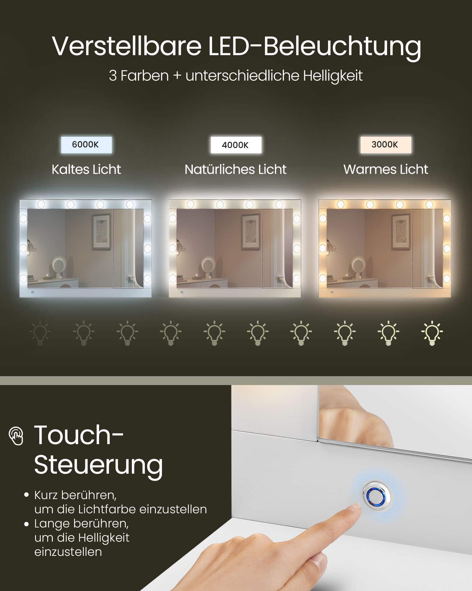 Schminktisch mit LED-Beleuchtung und Spiegel wolkenweiß Schminktisch mit LED-Beleuchtung und Spiegel wolkenweiß