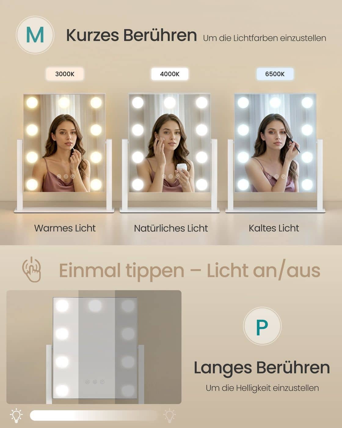 Schminkspiegel mit Beleuchtung und 9 LED-Glühbirnen mattweiß