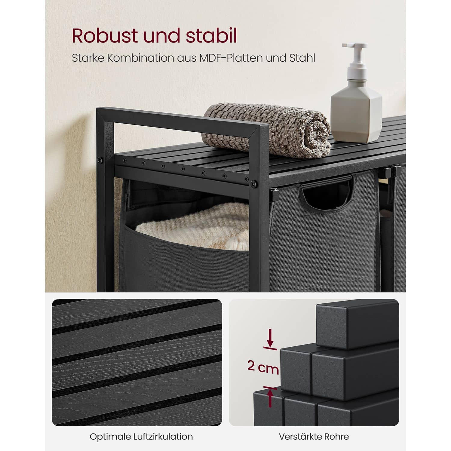 Wäschekorb 3 x 38 L mit 1 Ablage schwarz-grau-B34BLH301G01 Wäschekorb 3 x 38 L mit 1 Ablage schwarz-grau-B34BLH301G01