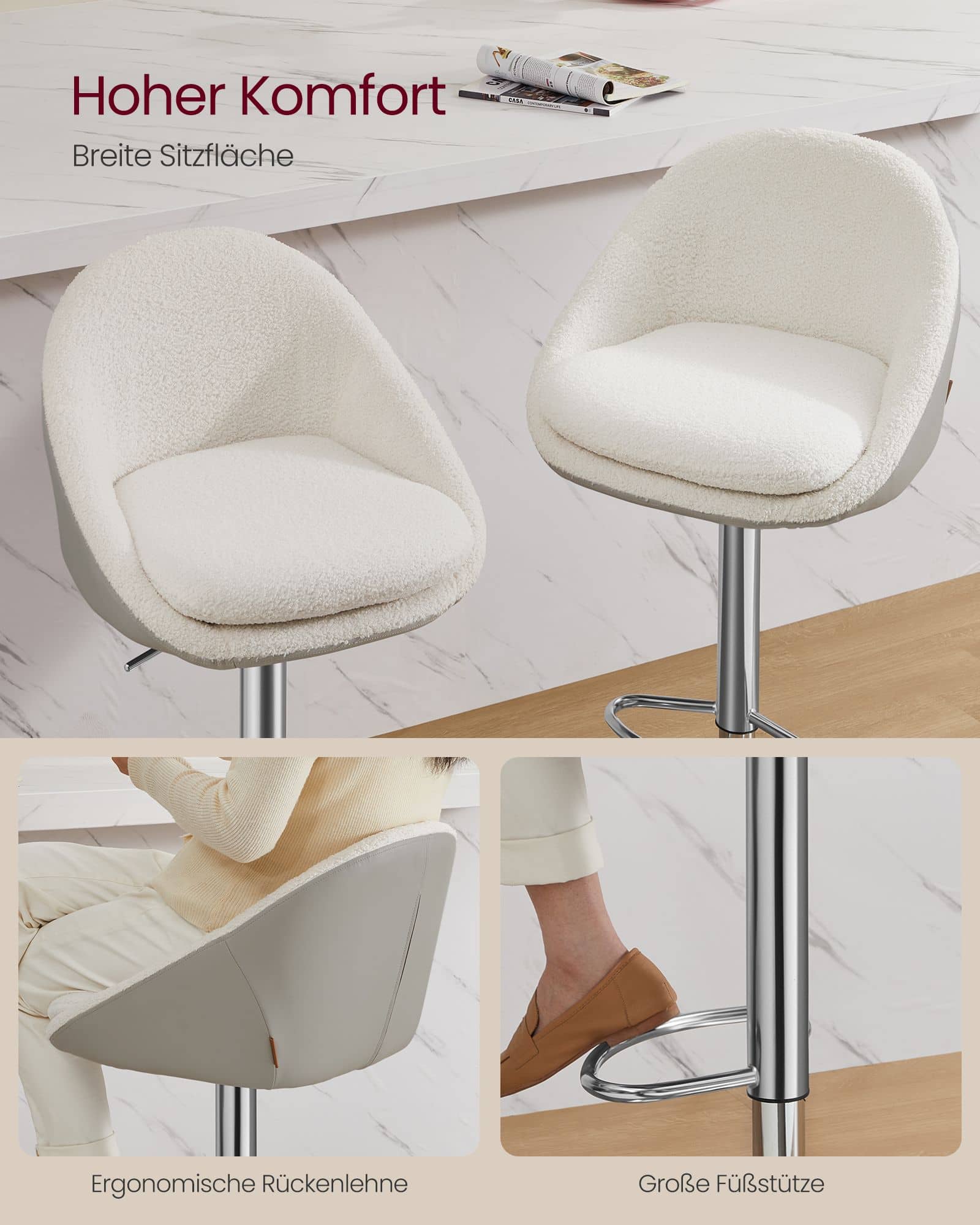 Barhocker 2er Set höhenverstellbar cremeweiß-Silbergrau