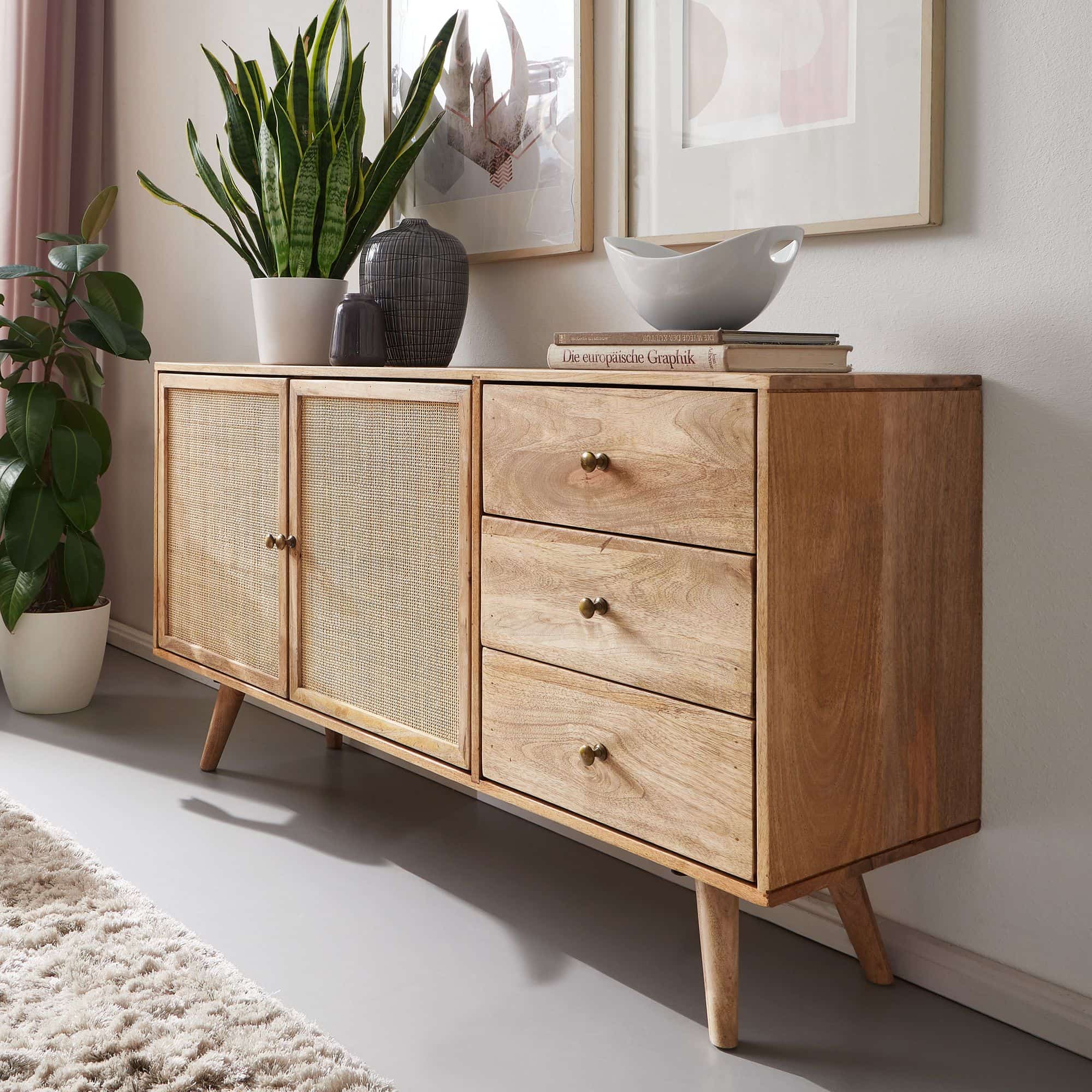 Design Sideboard 140x75x40 cm Mango Massivholz / Rattan
