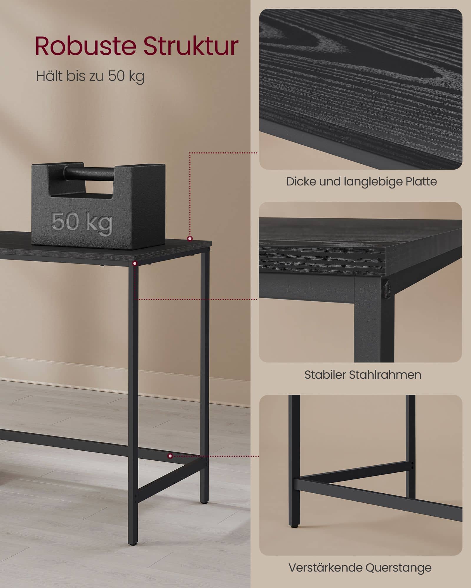 Schreibtisch mit 2 Ablagen und Stahlgestell ebenholzschwarz