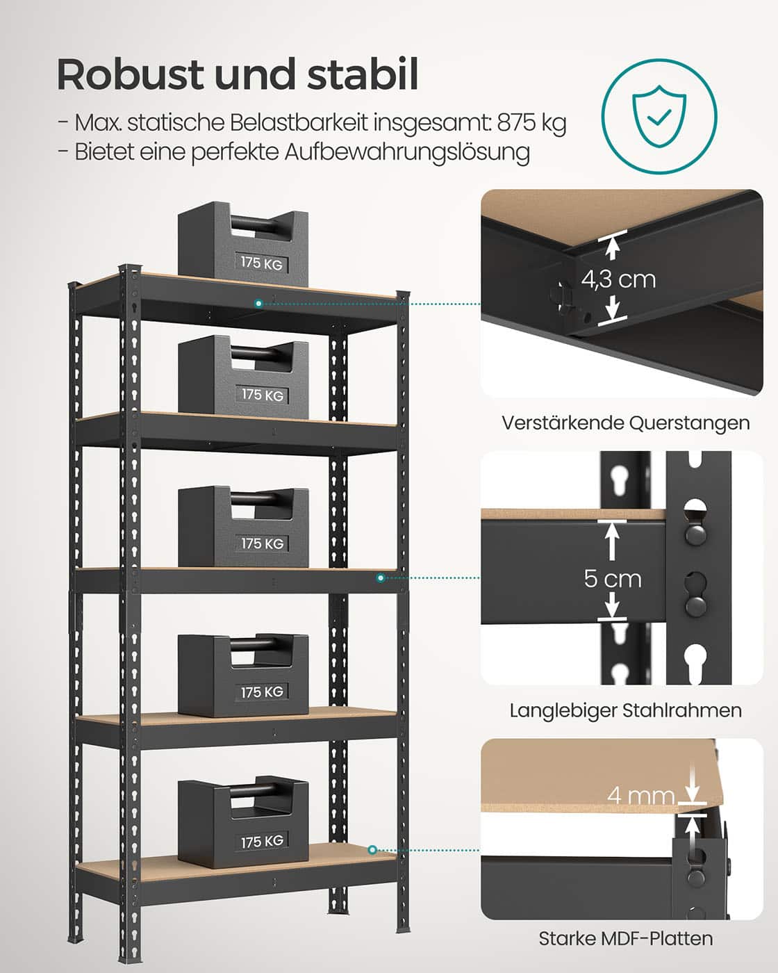 Schwerlastregal mit 5 Ablagen 30 x 75 x 150 cm schwarz