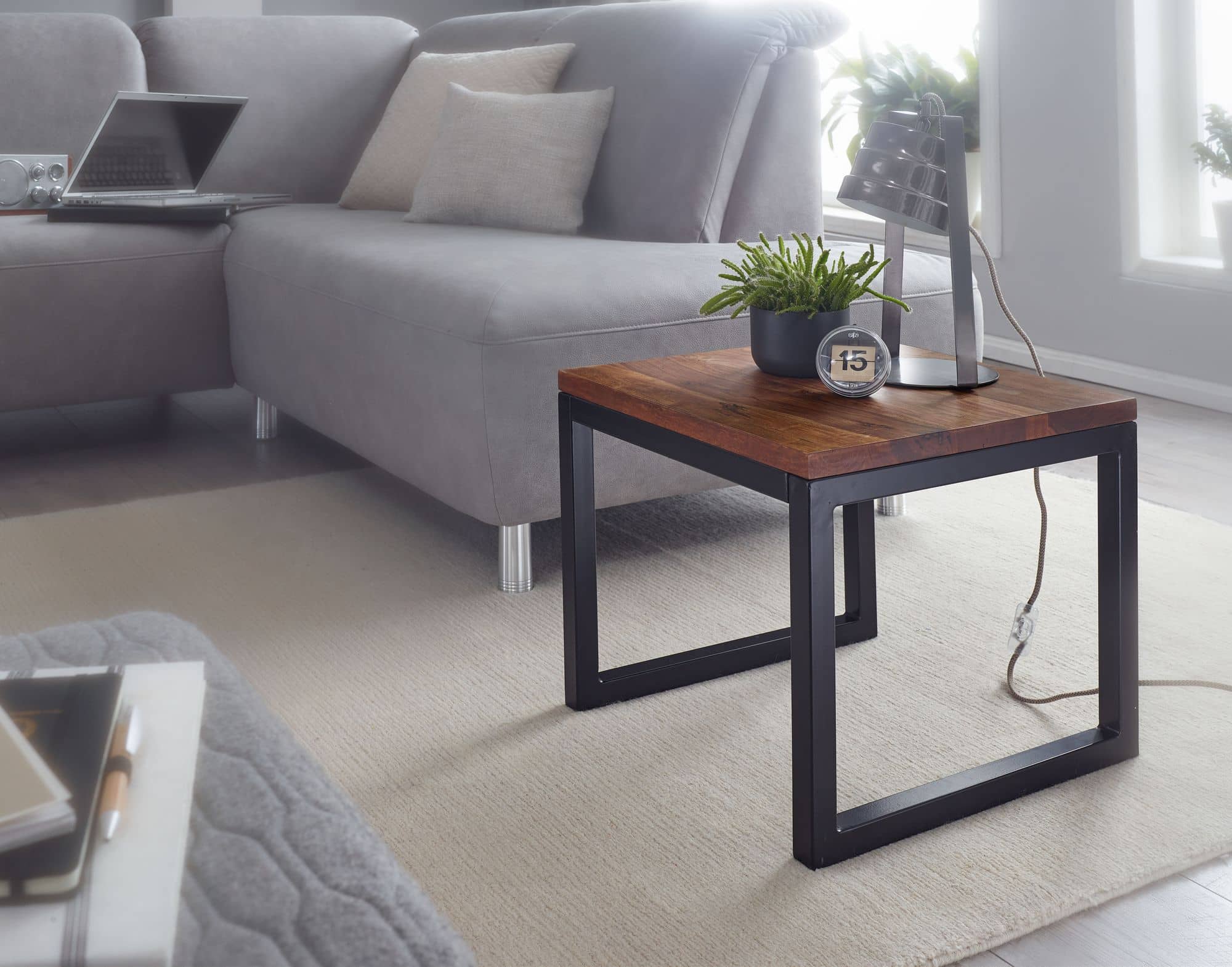 Beistelltisch 45x40x45 cm Sheesham Massivholz / Metall Wohnzimmertisch