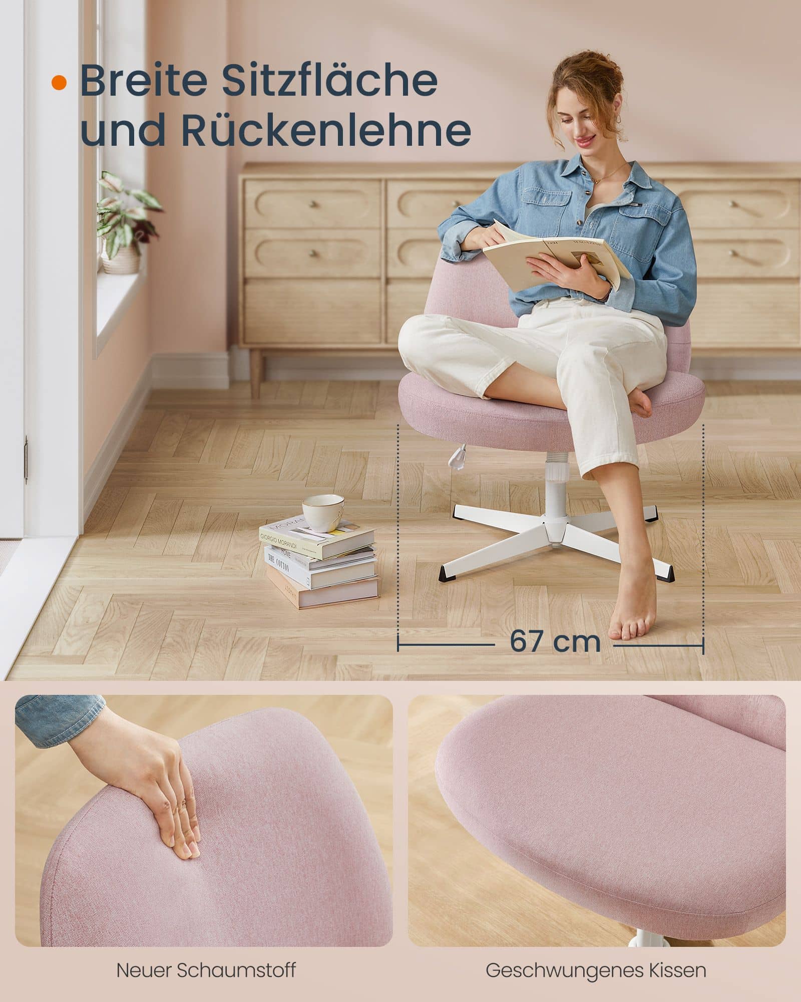 Bürostuhl mit breiter Sitzfläche und Kreuzfuß pastellrosa Bürostuhl mit breiter Sitzfläche und Kreuzfuß pastellrosa