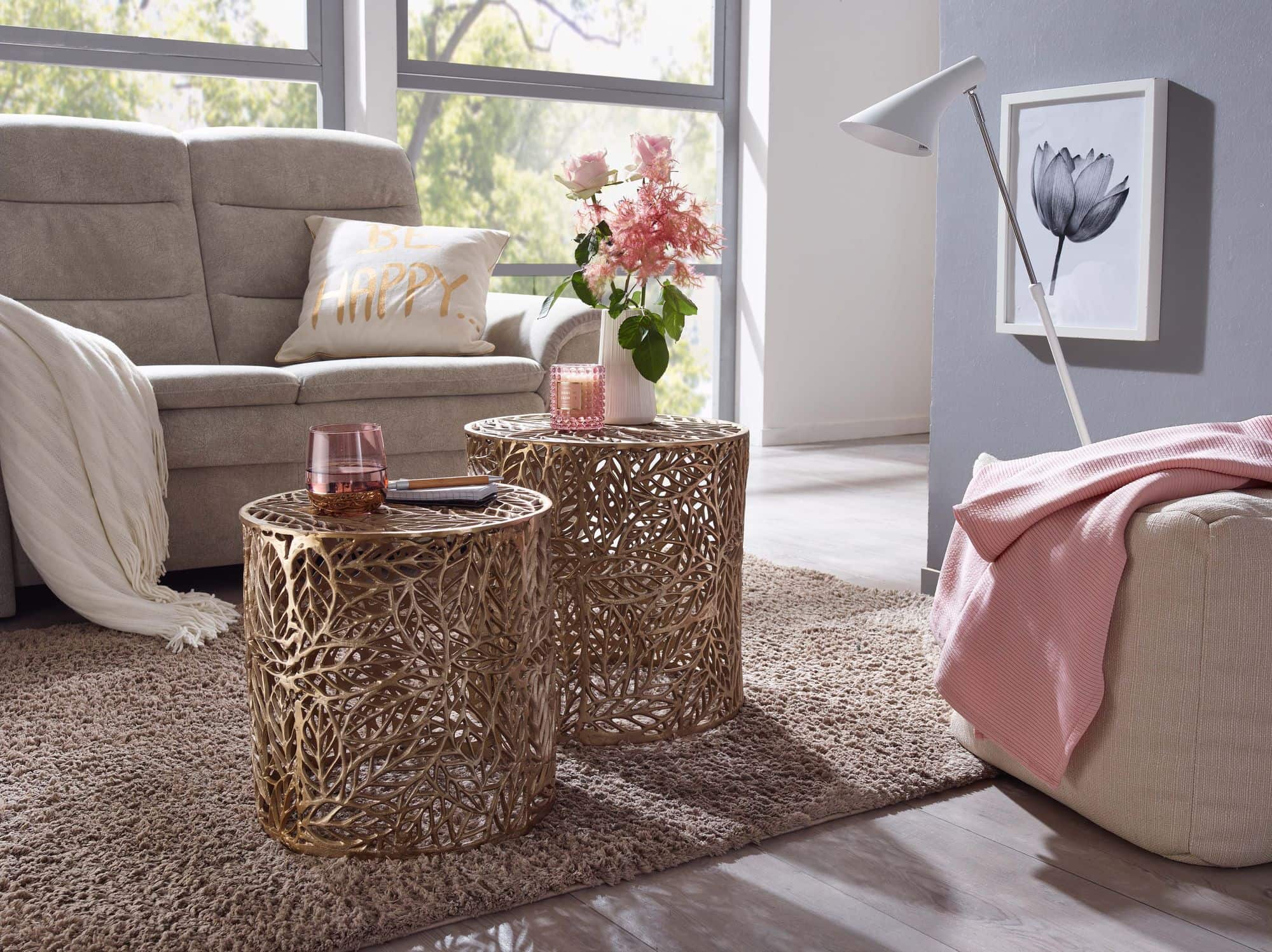 Beistelltisch 2er Set Aluminium Gold Design Satztisch Metall Rund Beistelltisch 2er Set Aluminium Gold Design Satztisch Metall Rund