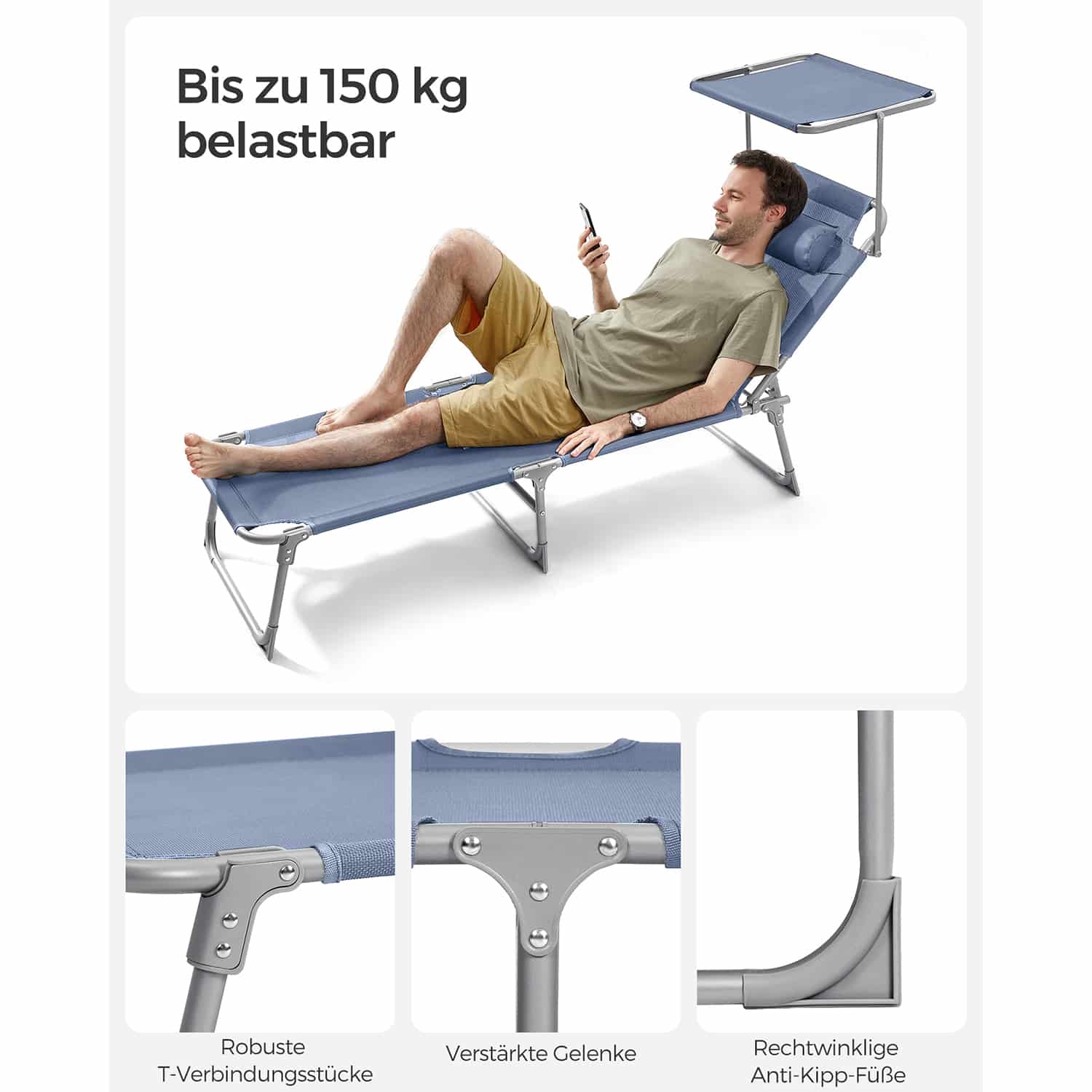 Klappbare Sonnenliege mit Sonnenschutz blau