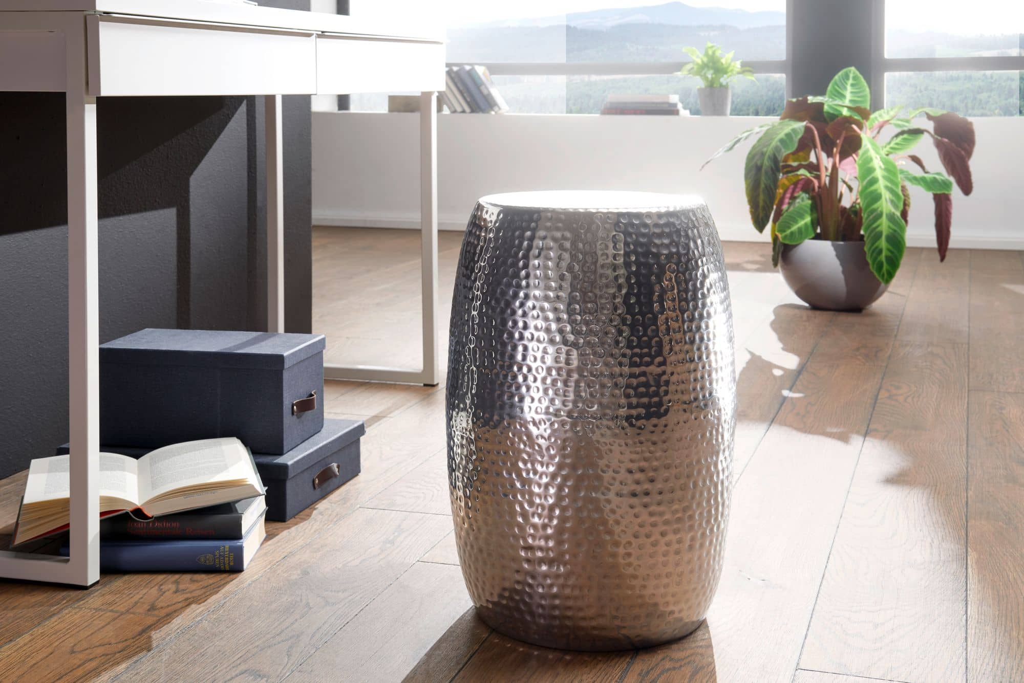 46265-WOHNLING-Sitzhocker-25x25x49-cm-Aluminium-S_1 Beistelltisch 30x49,5x30cm Aluminium Silber Dekotisch orientalisch rund