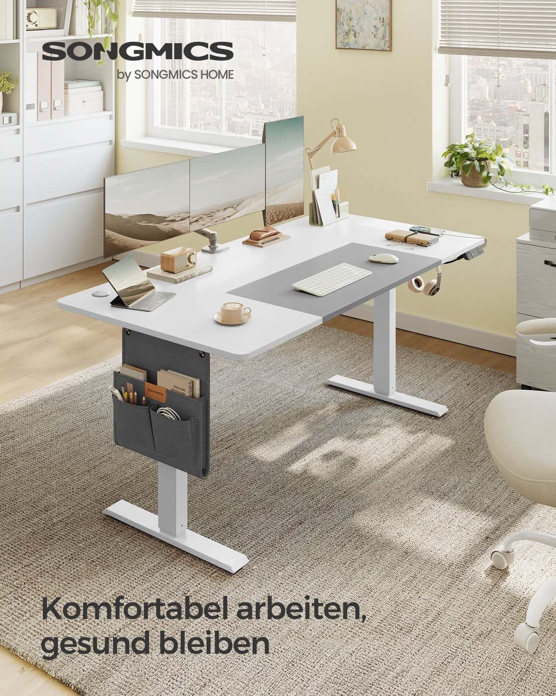 Höhenverstellbarer Schreibtisch elektrisch basisweiß-taubengrau Höhenverstellbarer Schreibtisch elektrisch basisweiß-taubengrau