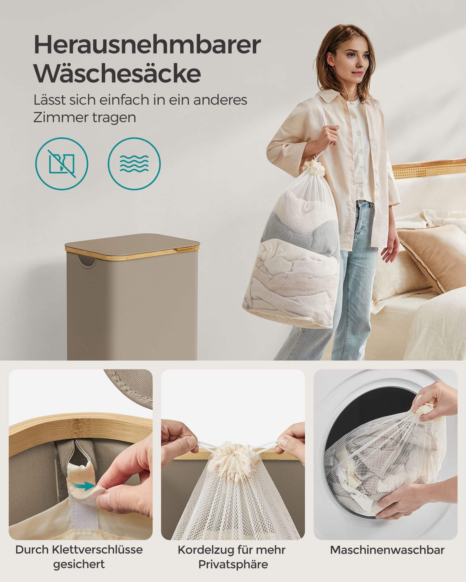 Wäschekorb 90 Liter mit herausnehmbarem Wäschesack kamelbraun