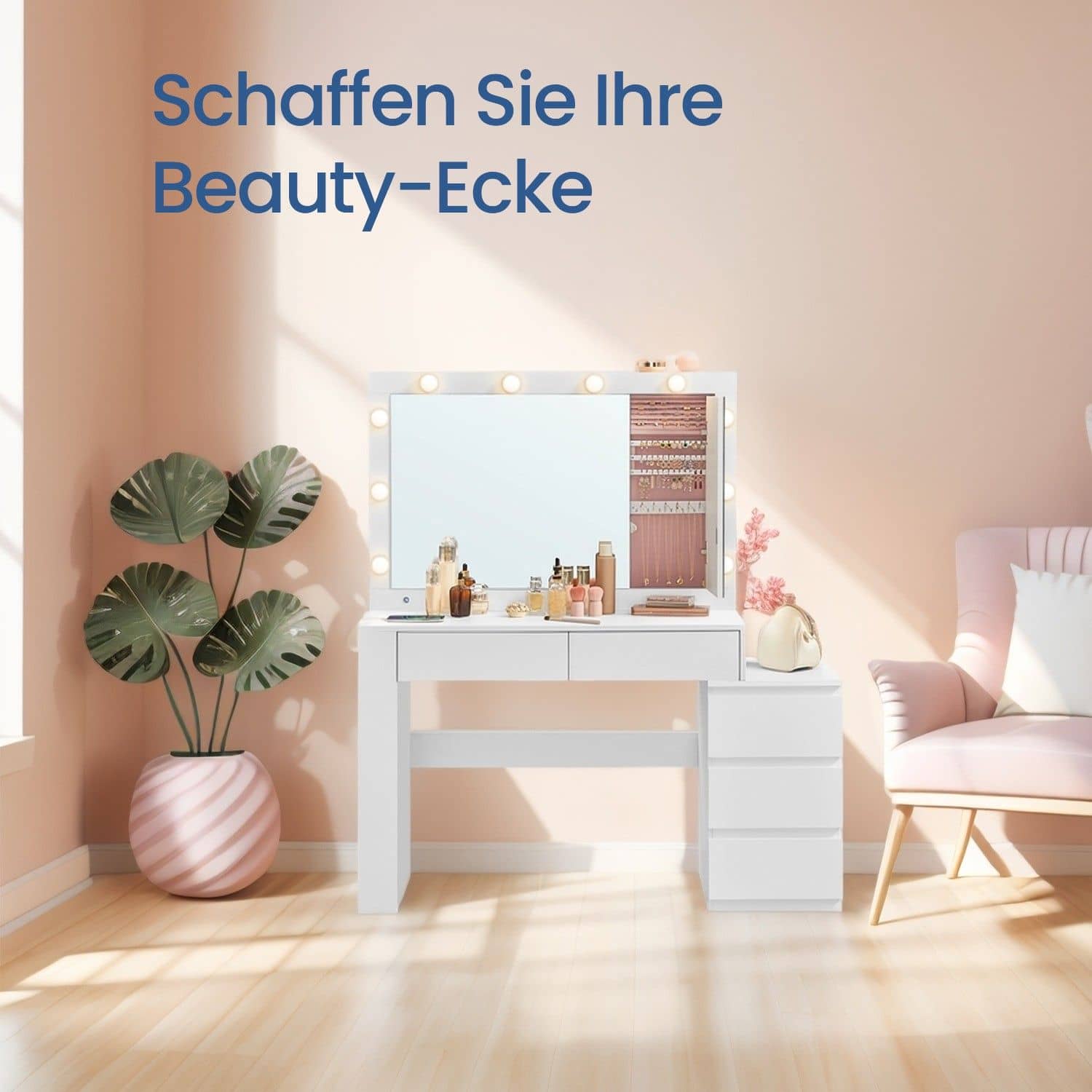 Schminktisch mit LED-Beleuchtung, Frisiertisch mit Spiegel, Schmuckschrank Schminktisch mit LED-Beleuchtung, Frisiertisch mit Spiegel, Schmuckschrank