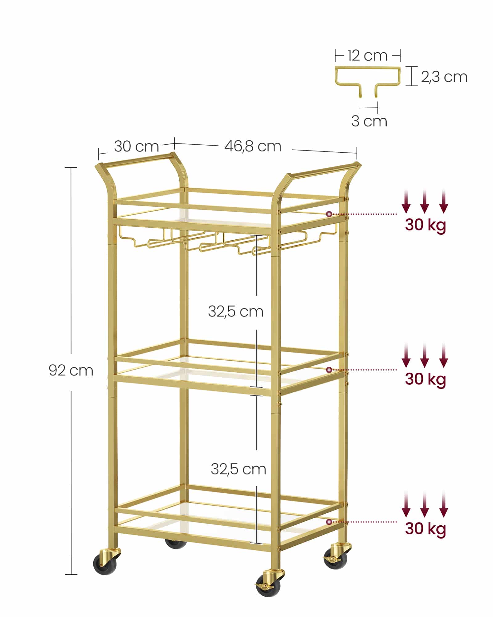 Servierwagen 3 Ebenen mit Rollen goldfarben Servierwagen 3 Ebenen mit Rollen goldfarben