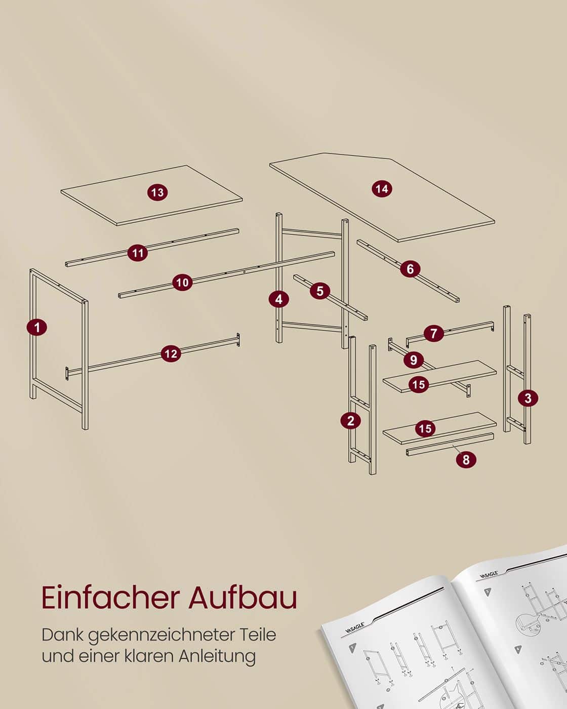 Schreibtisch 120 x 130 x 76 cm mit 2 Ablagen vintagebraun-tintenschwarz Schreibtisch 120 x 130 x 76 cm mit 2 Ablagen vintagebraun-tintenschwarz