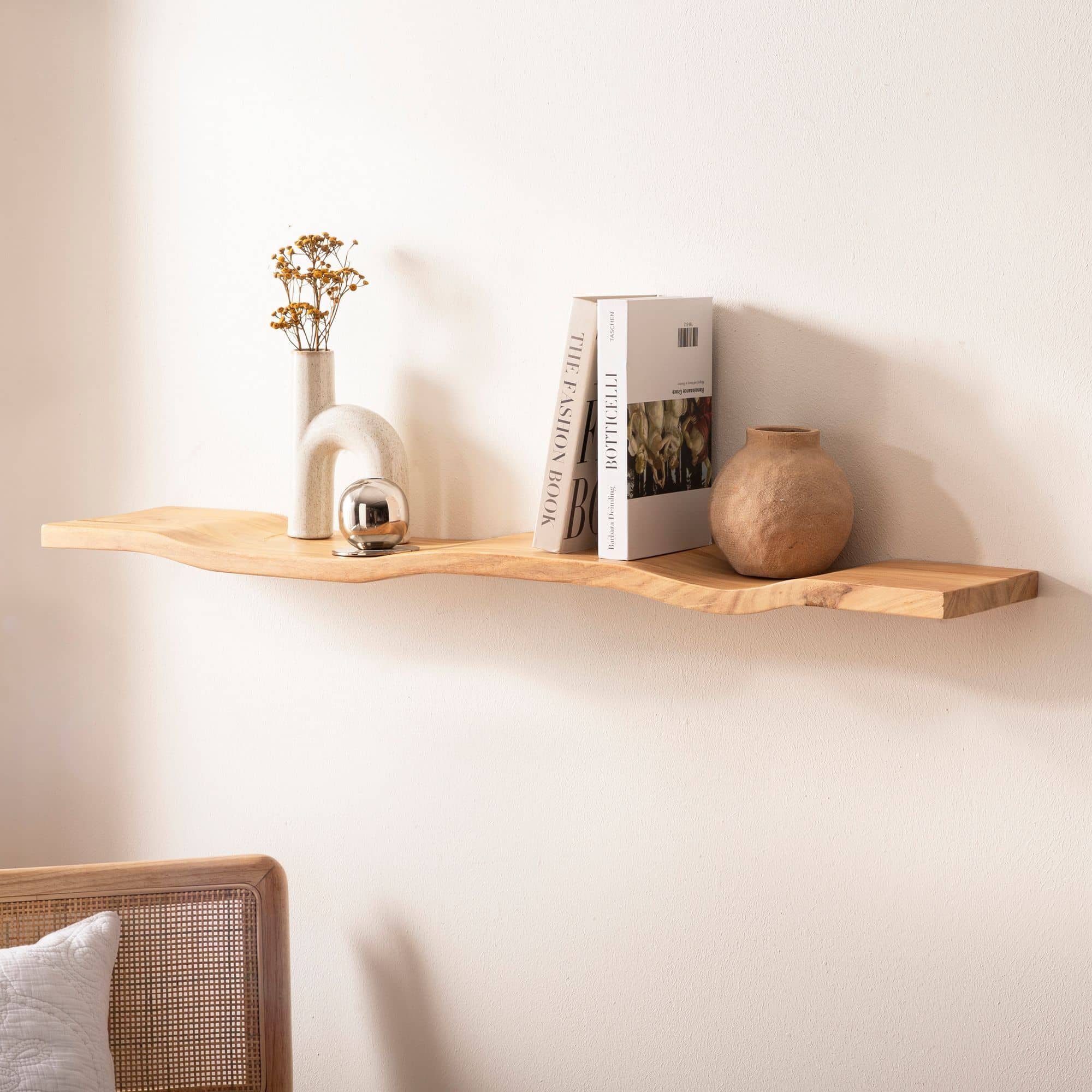 Wandregal Akazie Massivholz 120cm - Schwebendes Design Regal für die Wand Holz massiv - Hängeregal in Wellenform - Wandboard aus Echtholz