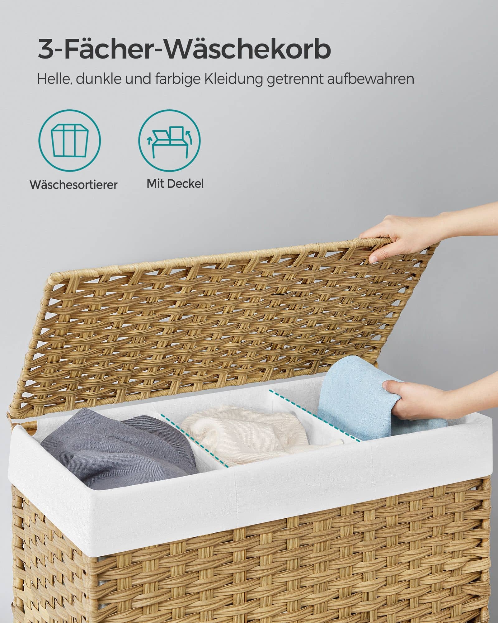 Wäschekorb mit 3 Fächern Naturfarben-LCB363N01