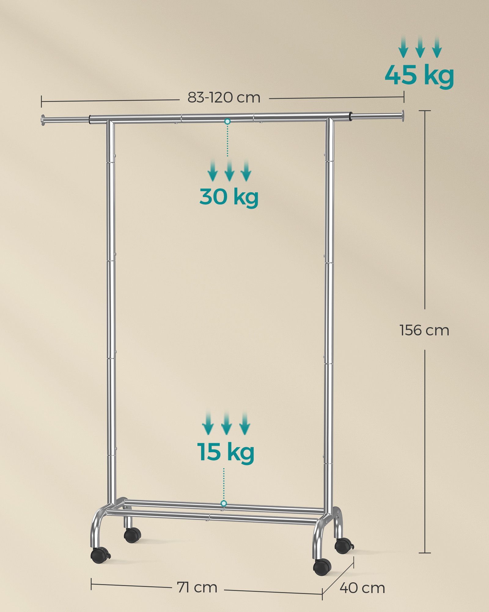 Kleiderständer auf Rollen bis 45 kg belastbar taubengrau Kleiderständer auf Rollen bis 45 kg belastbar taubengrau
