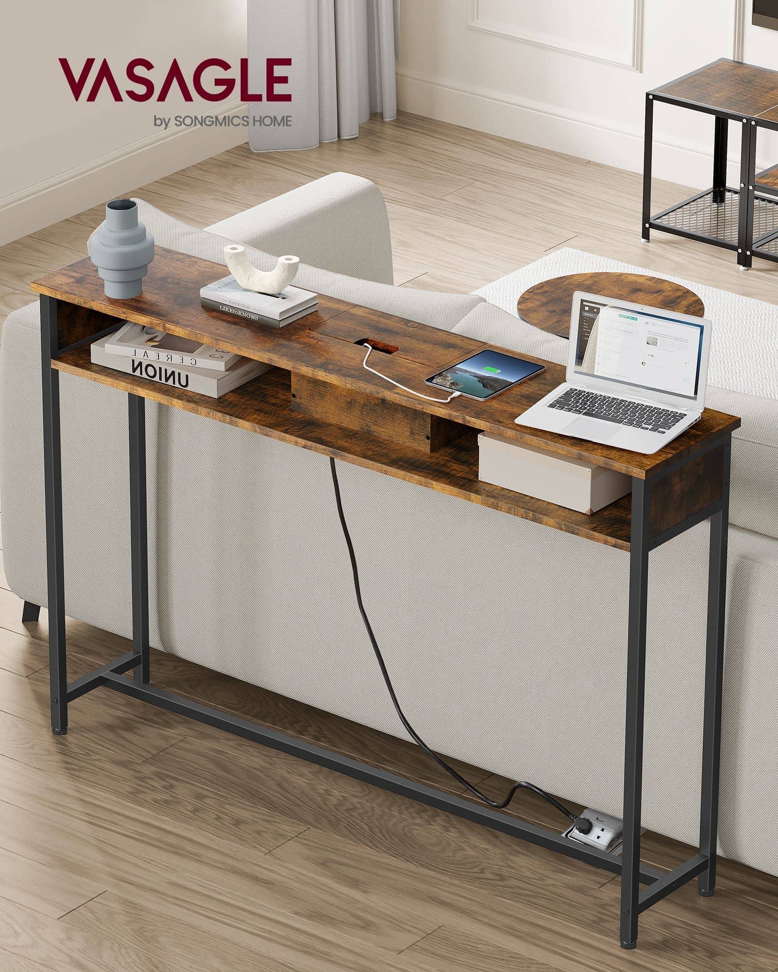Konsolentisch mit Steckdosen platzsparend vintagebraun-tintenschwarz Konsolentisch mit Steckdosen platzsparend vintagebraun-tintenschwarz