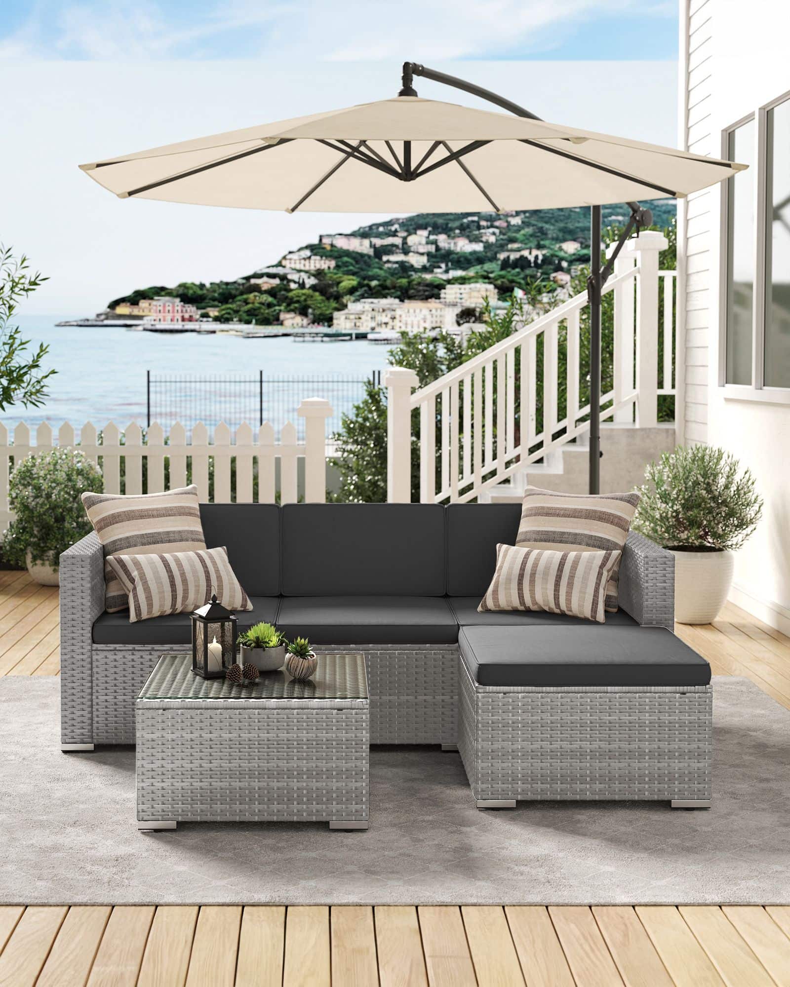Balkonmöbel aus PE-Polyrattan mit Kissen und Glastisch-B34GGF005G05 Balkonmöbel aus PE-Polyrattan mit Kissen und Glastisch-B34GGF005G05