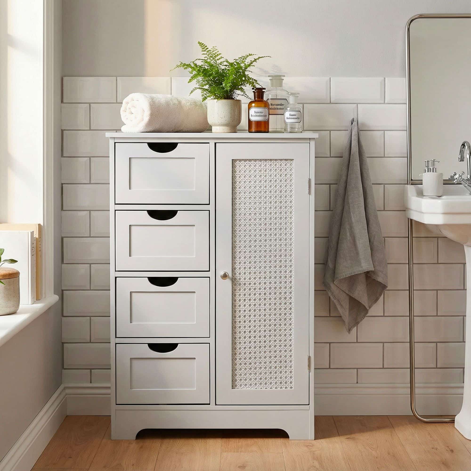 schmaler Badschrank 55x80 cm mit Wiener Geflecht – Badezimmerschrank mit Tür und 4 Schubladen – Badregal aus lackiertem MDF – Badezimmerregal modern – Aufbewahrungsschrank Bad Badezimmer