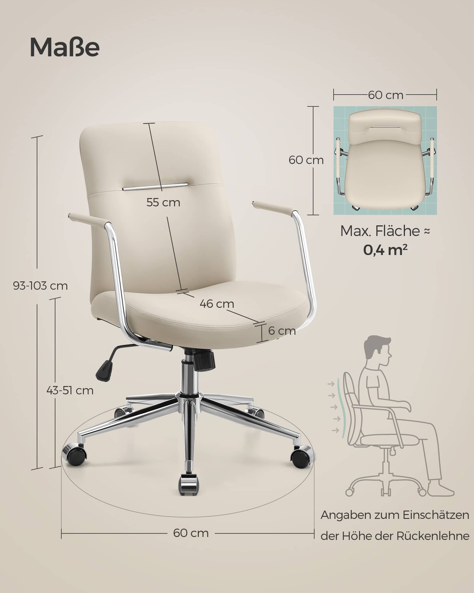 Bürostuhl mit Rückenlehnen und gebogenem Sitz cappuccinobeige