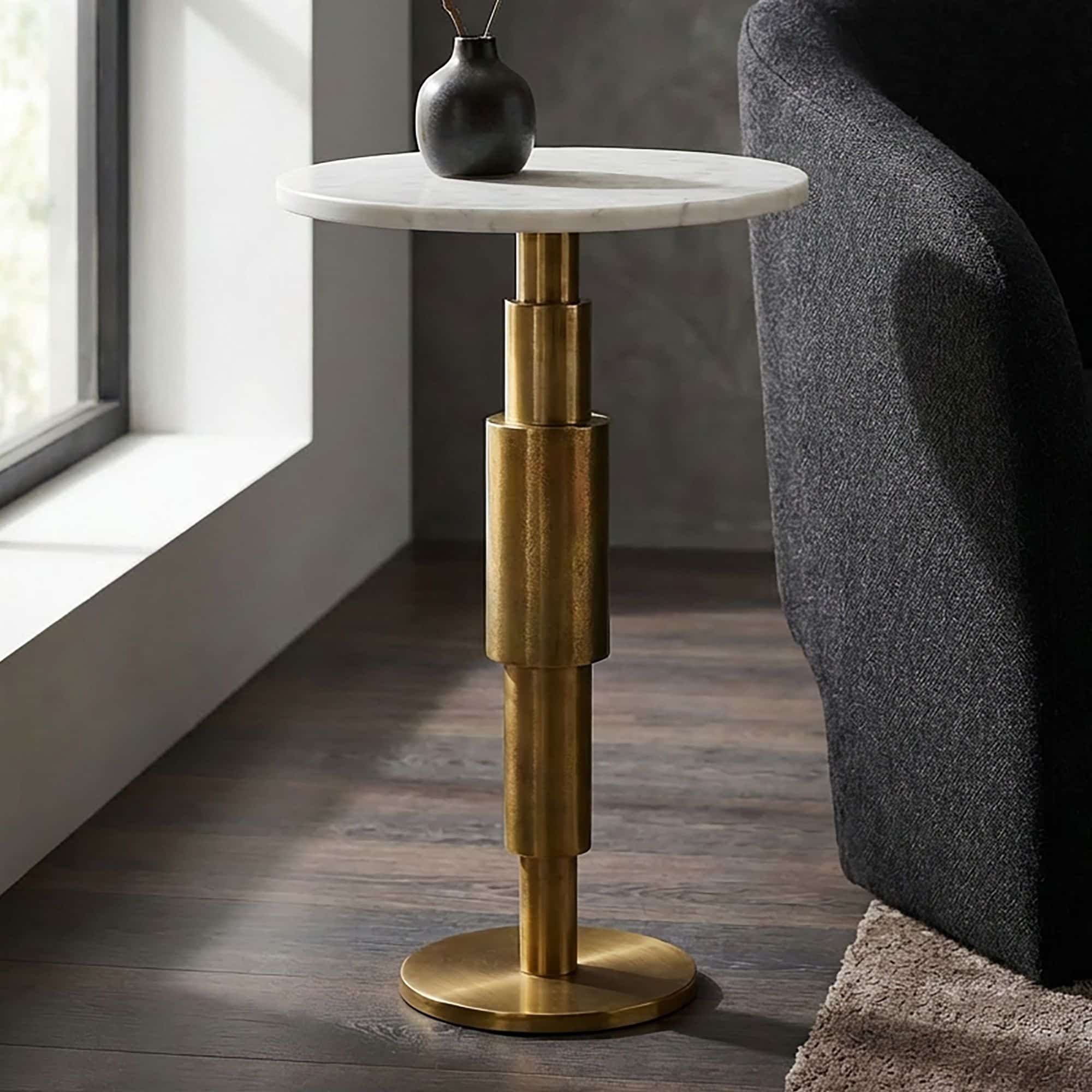 Beistelltisch Marmor rund 59 cm Dekotisch mit Marmor Tischplatte Weiß - Design Dekotisch mit Aluminiumgestell - Anstelltisch Sofatisch modern - Couchtisch Wohnzimmertisch elegant Handmade