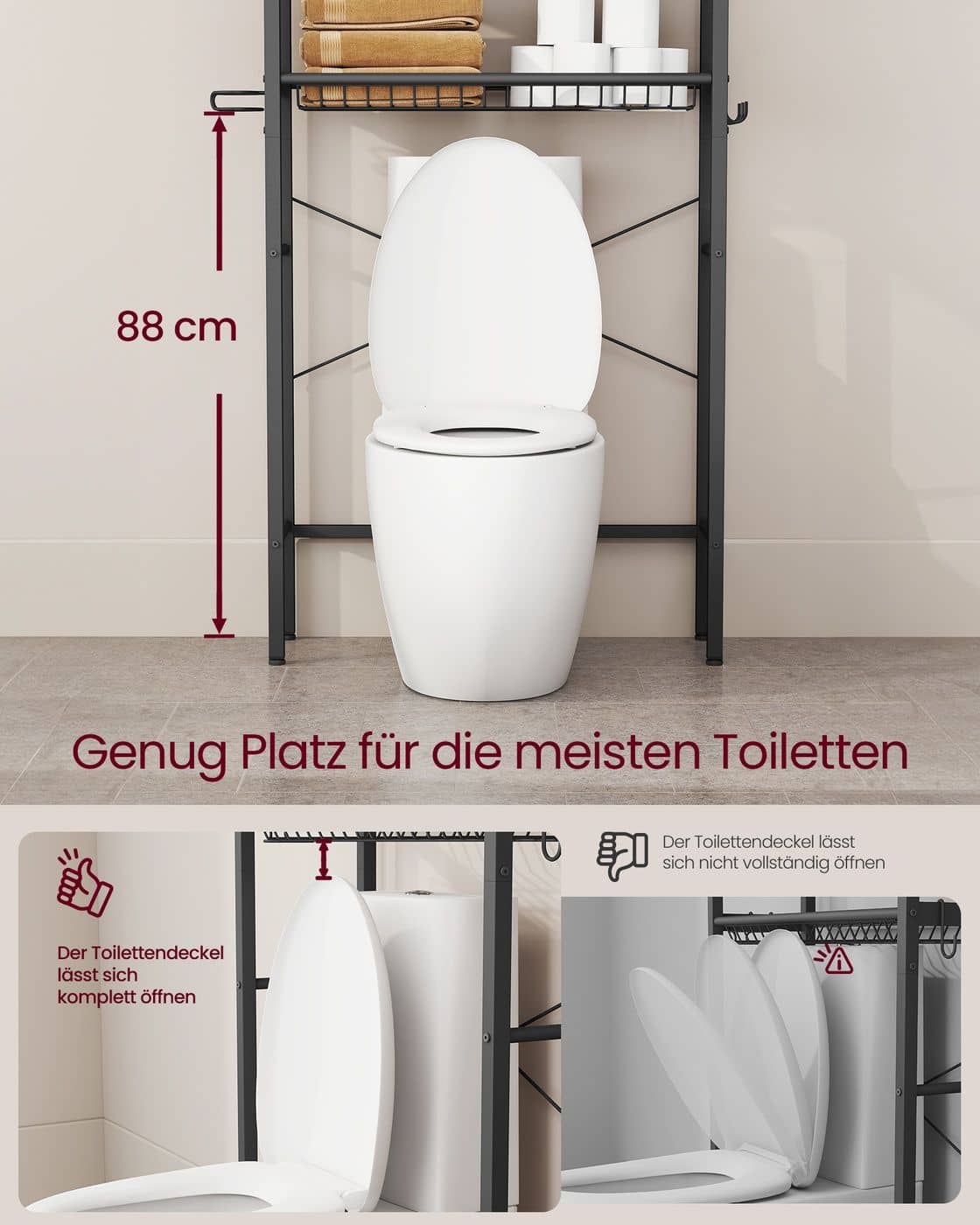 Badezimmerregal über der Toilette spart Platz und ordnet Utensilien