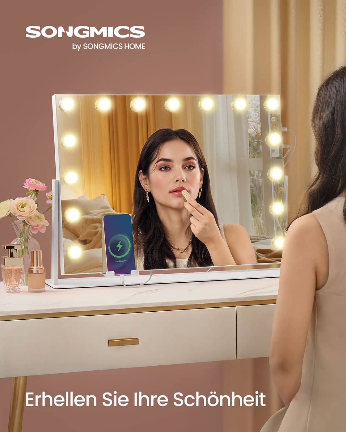 Schminkspiegel mit Beleuchtung und Ladeanschlüssen mattweiß Schminkspiegel mit Beleuchtung und Ladeanschlüssen mattweiß