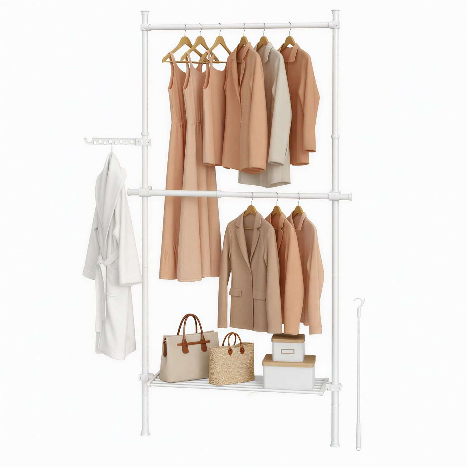 3-stufiger Kleiderständer, höhen- und breitenverstellbar, offene Garderobe mit 2 Kleiderstangen und 1 Ablage 3-stufiger Kleiderständer, höhen- und breitenverstellbar, offene Garderobe mit 2 Kleiderstangen und 1 Ablage