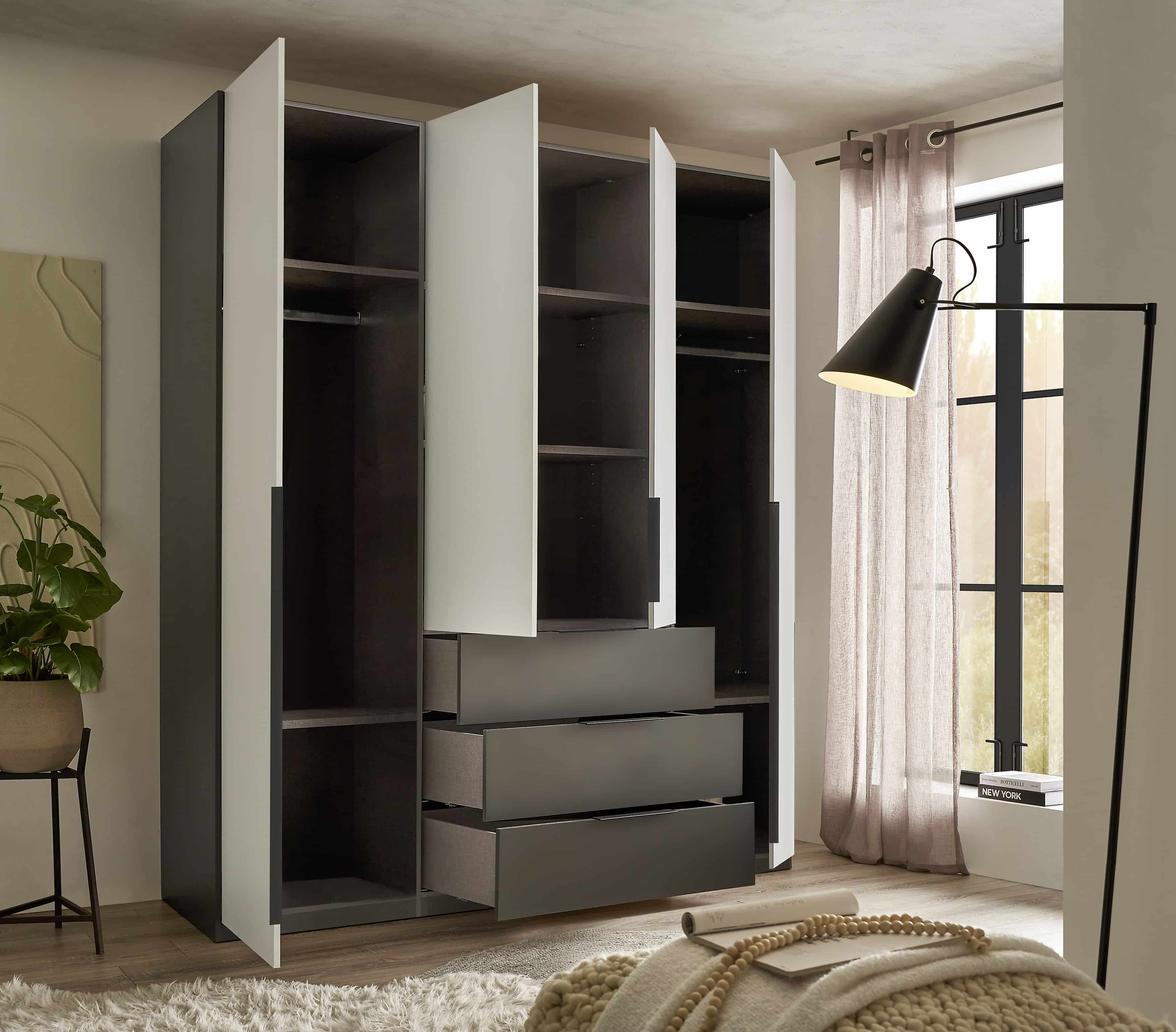 Kleiderschrank Nuka 200x225 cm – moderner Schrank in Graphit/Hellgrau mit 4 Türen & 3 Schubladen Kleiderschrank Nuka 200x225 cm – moderner Schrank in Graphit/Hellgrau mit 4 Türen & 3 Schubladen
